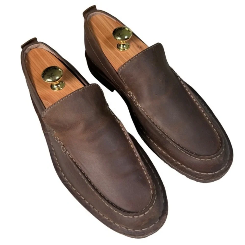 Clarks Nature Three Brown Waxy Leather Moc‎ Toe Loafers Walking Shoes Men 8M EUC